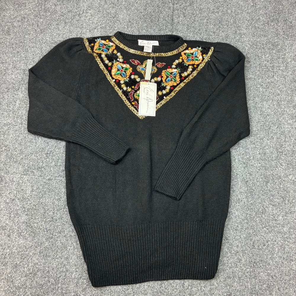 Vintage Eddie Dassin Silk Angora Beaded Sequin Sweater Black Womens Size Medium